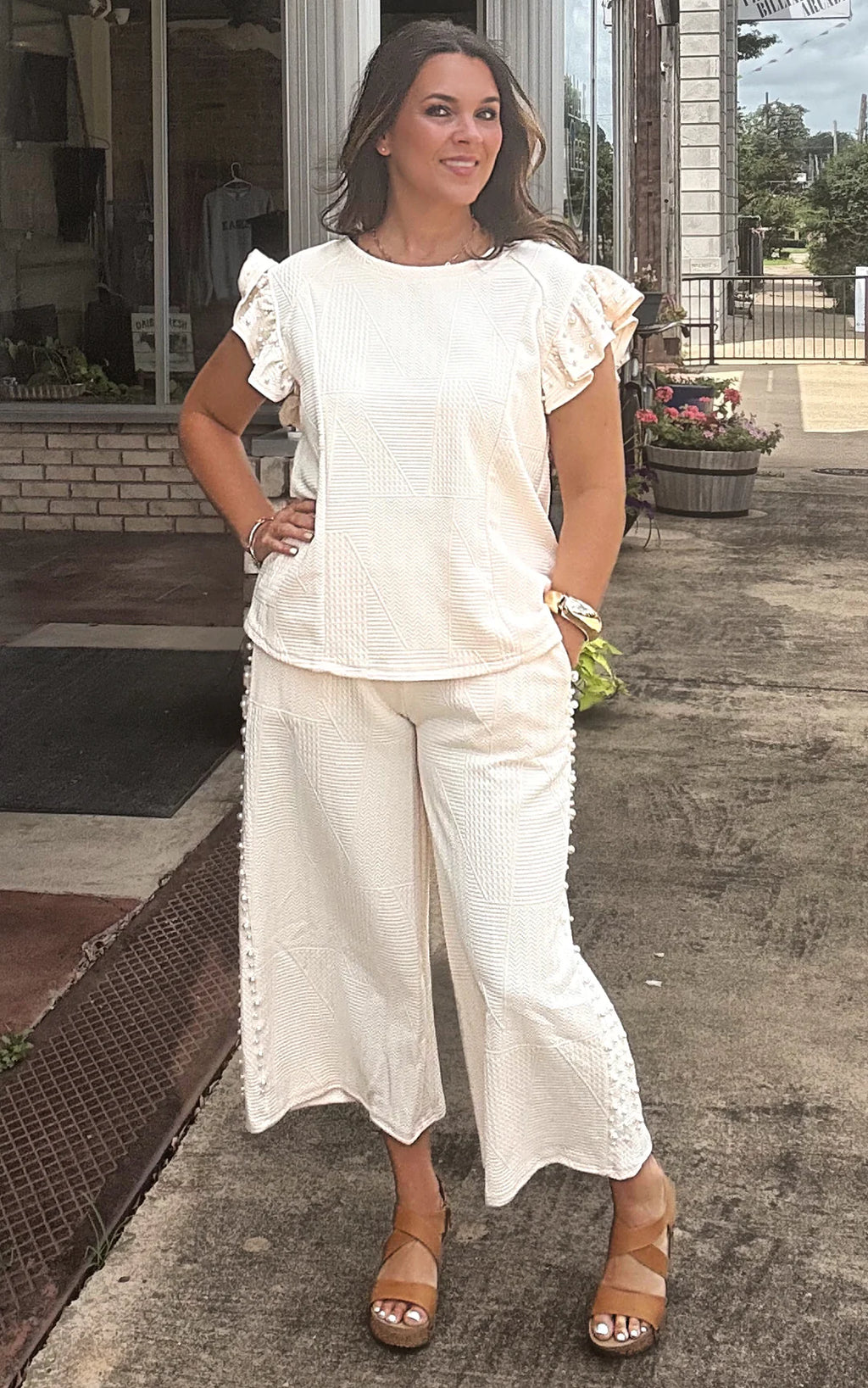 Umgee Textured Wide Leg Pants w/ Pearl Accents