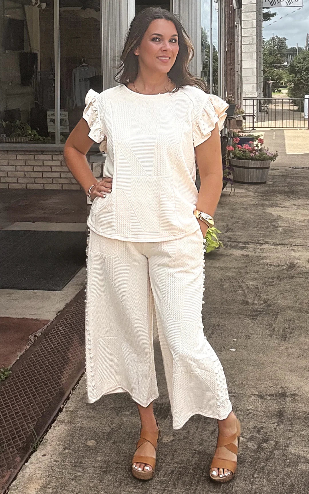 Umgee Textured Wide Leg Pants w/ Pearl Accents