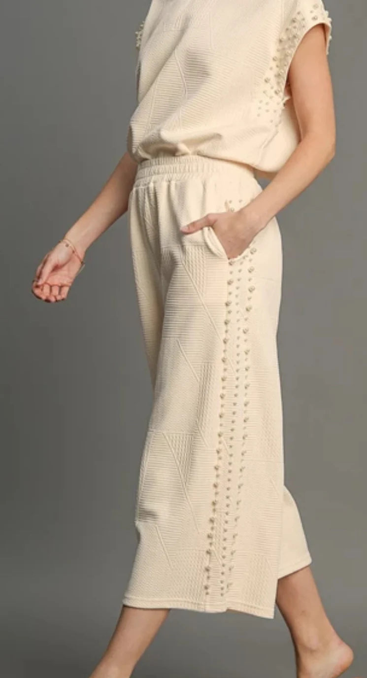 Umgee Textured Wide Leg Pants w/ Pearl Accents