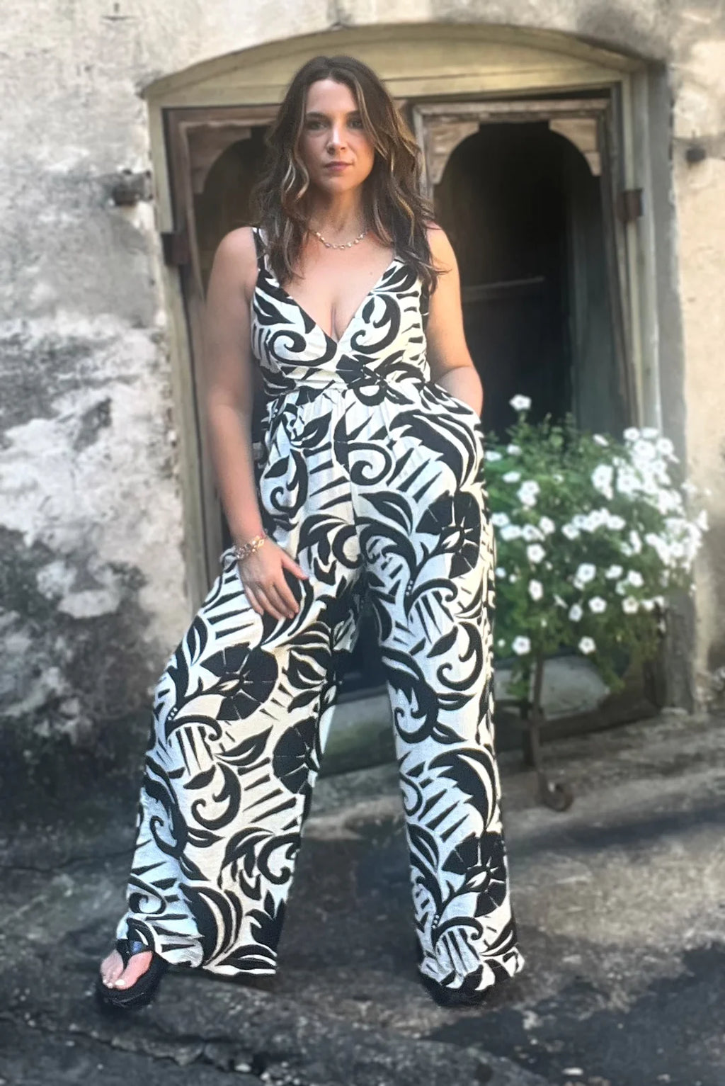 Spaghetti Strap Black & White Jumpsuit
