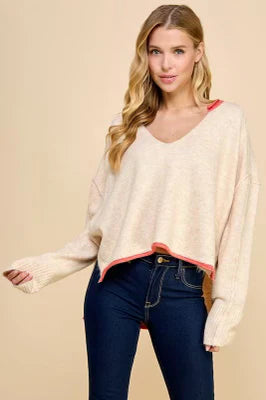 V Neck Soft Top w/ Coral Trim