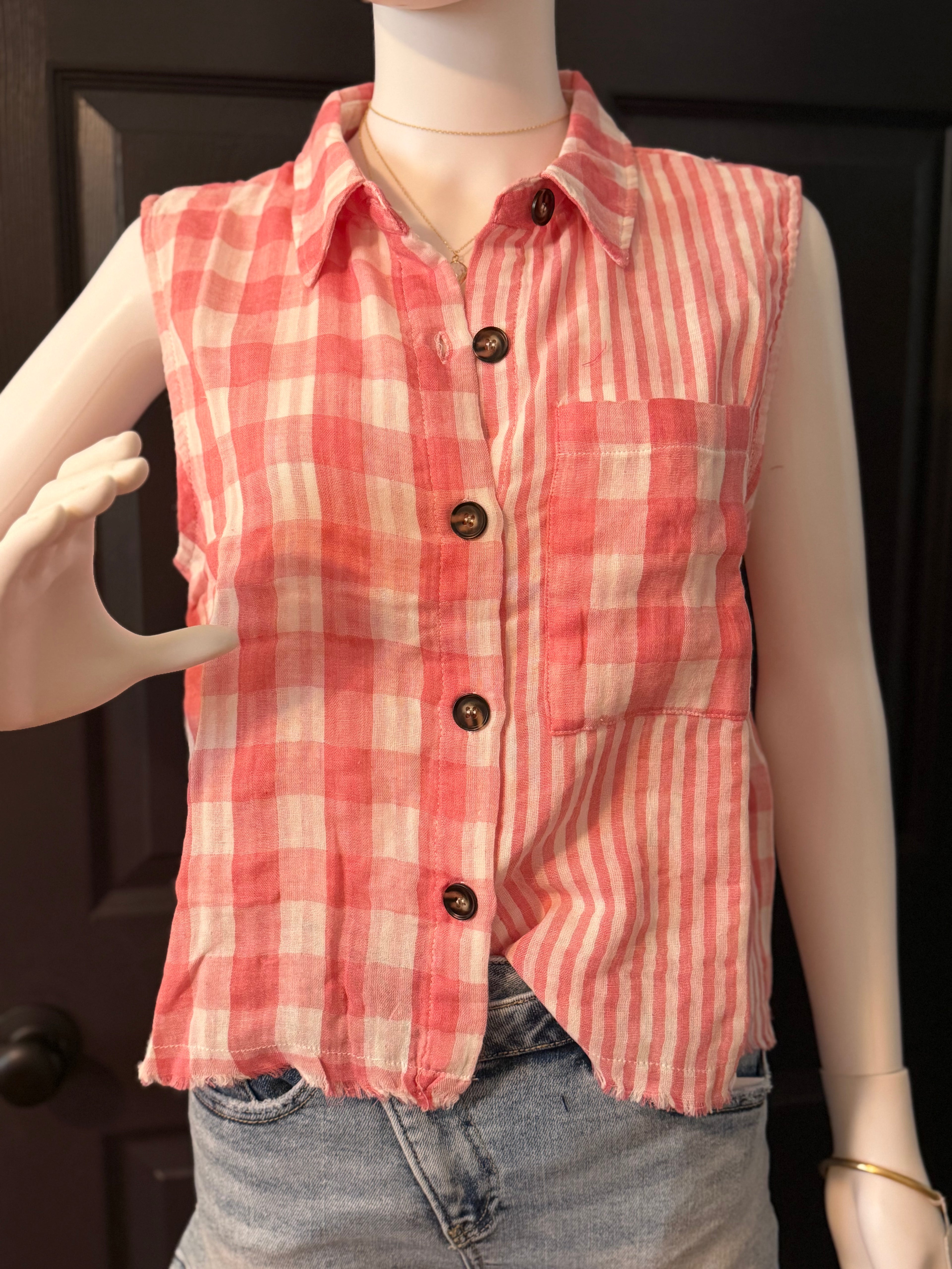 Vintage Plaid Raw Edged Sleeveless Knit