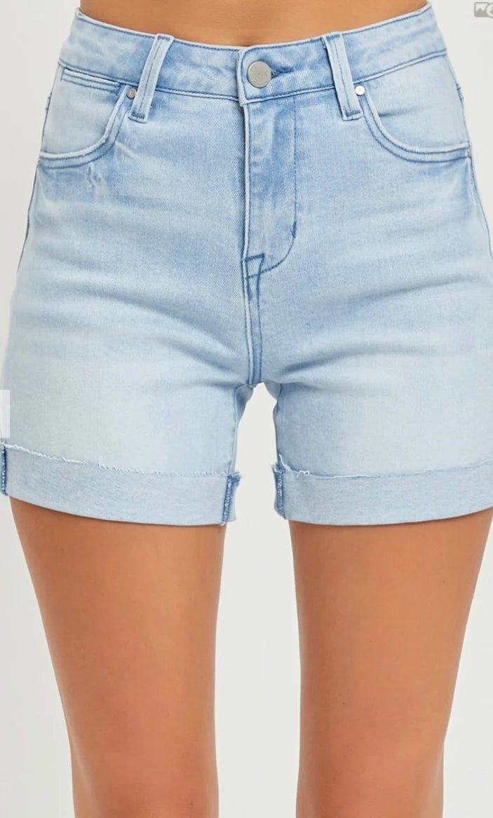 High Rise Light Wash Cuffed Shorts