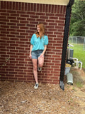 Turquoise Solid V Neck Puff Sleeve