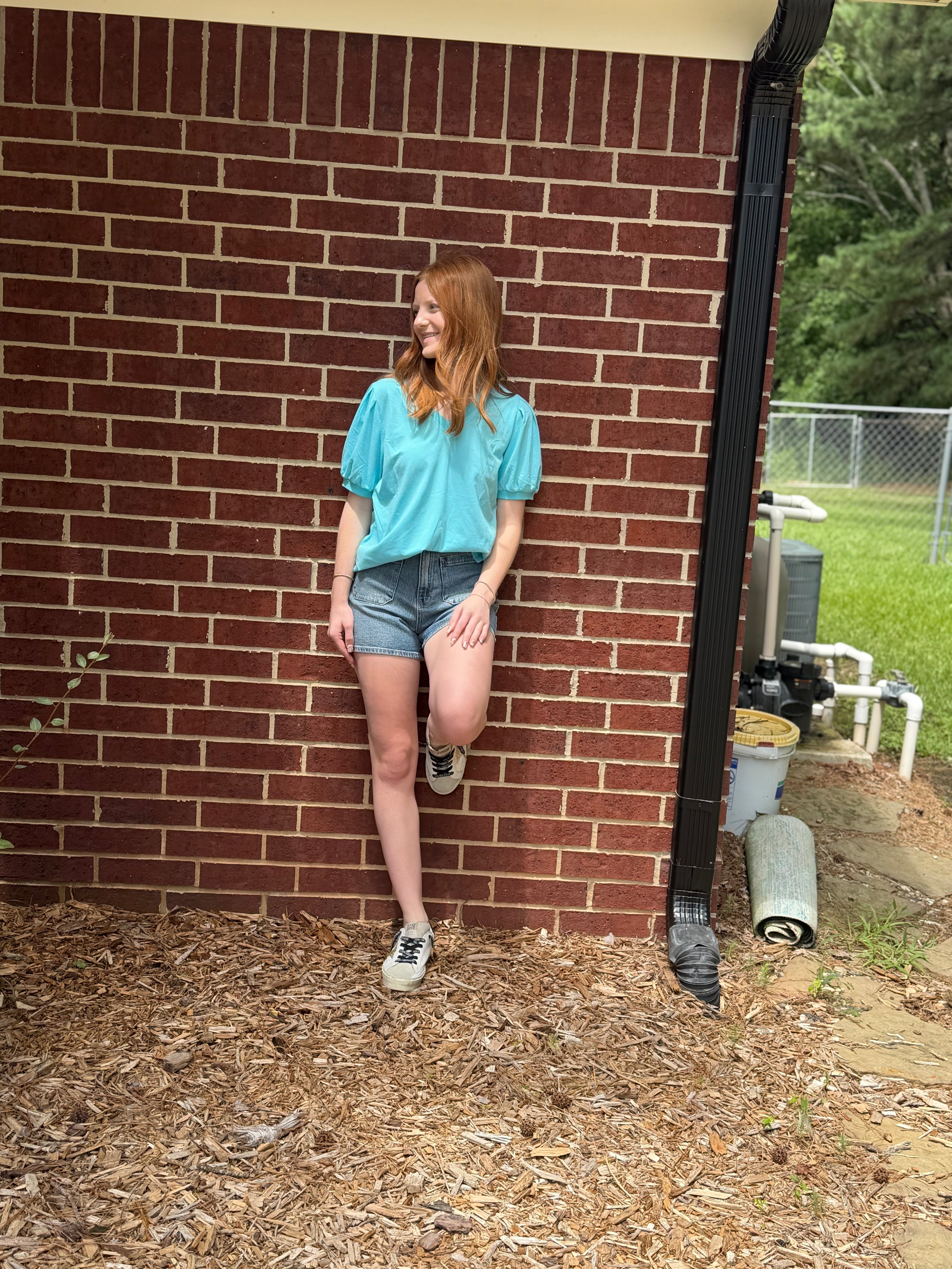 Turquoise Solid V Neck Puff Sleeve