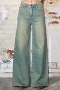 Faded Wide Leg Jeans w/ Rhinestone