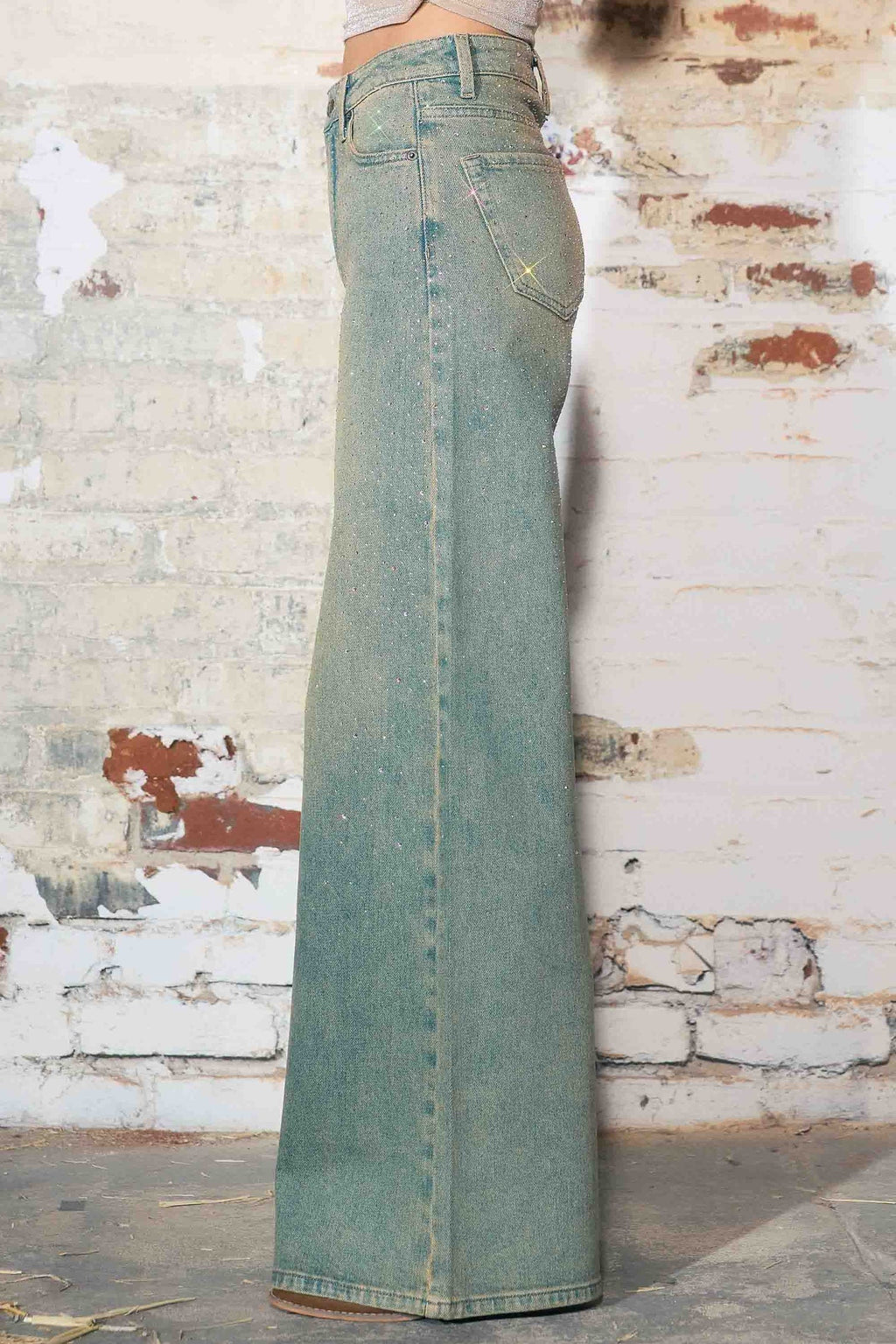 Faded Wide Leg Jeans w/ Rhinestone