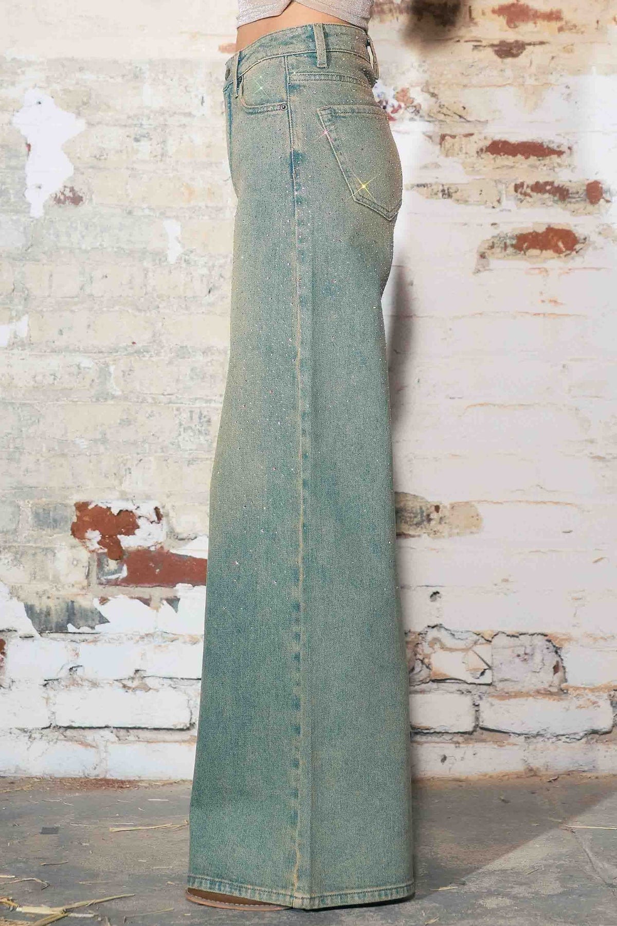 Faded Wide Leg Jeans w/ Rhinestone