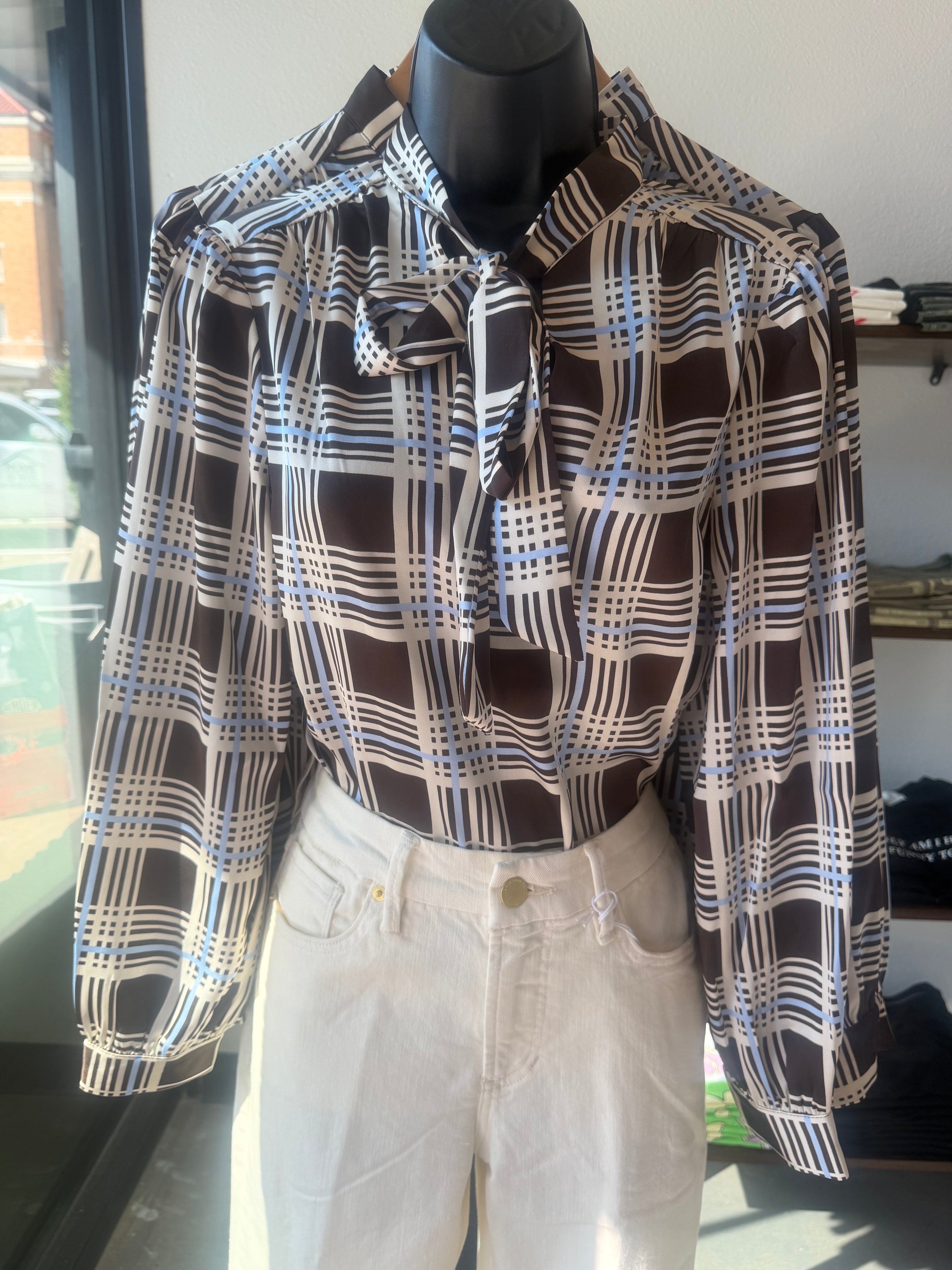 Plaid Tie Neck Blouse