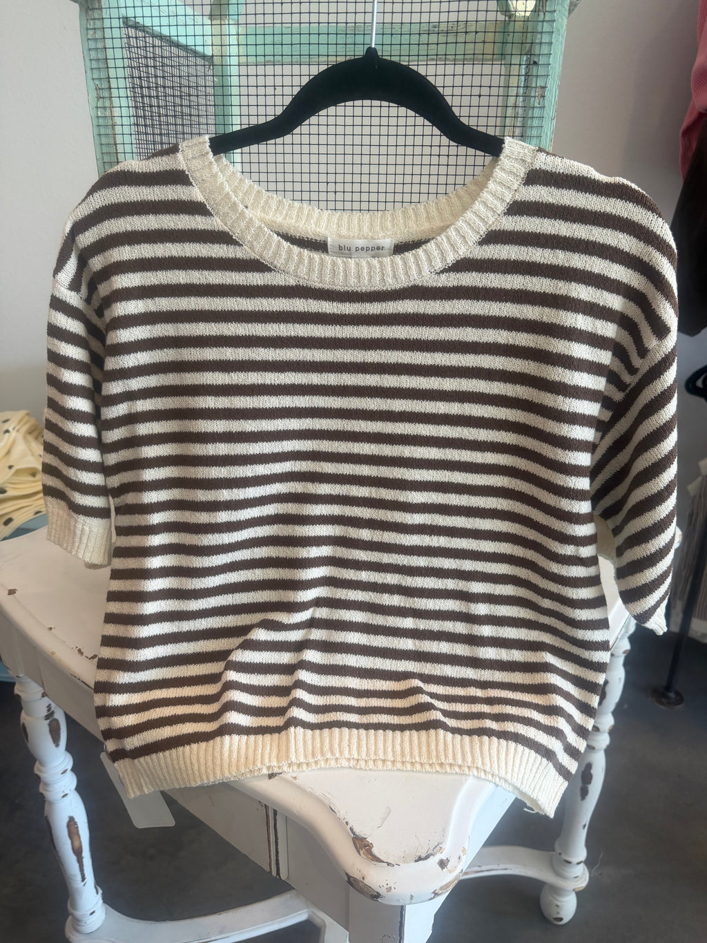 Stripe Contrast Button Back Short Sleeve Knit Sweater