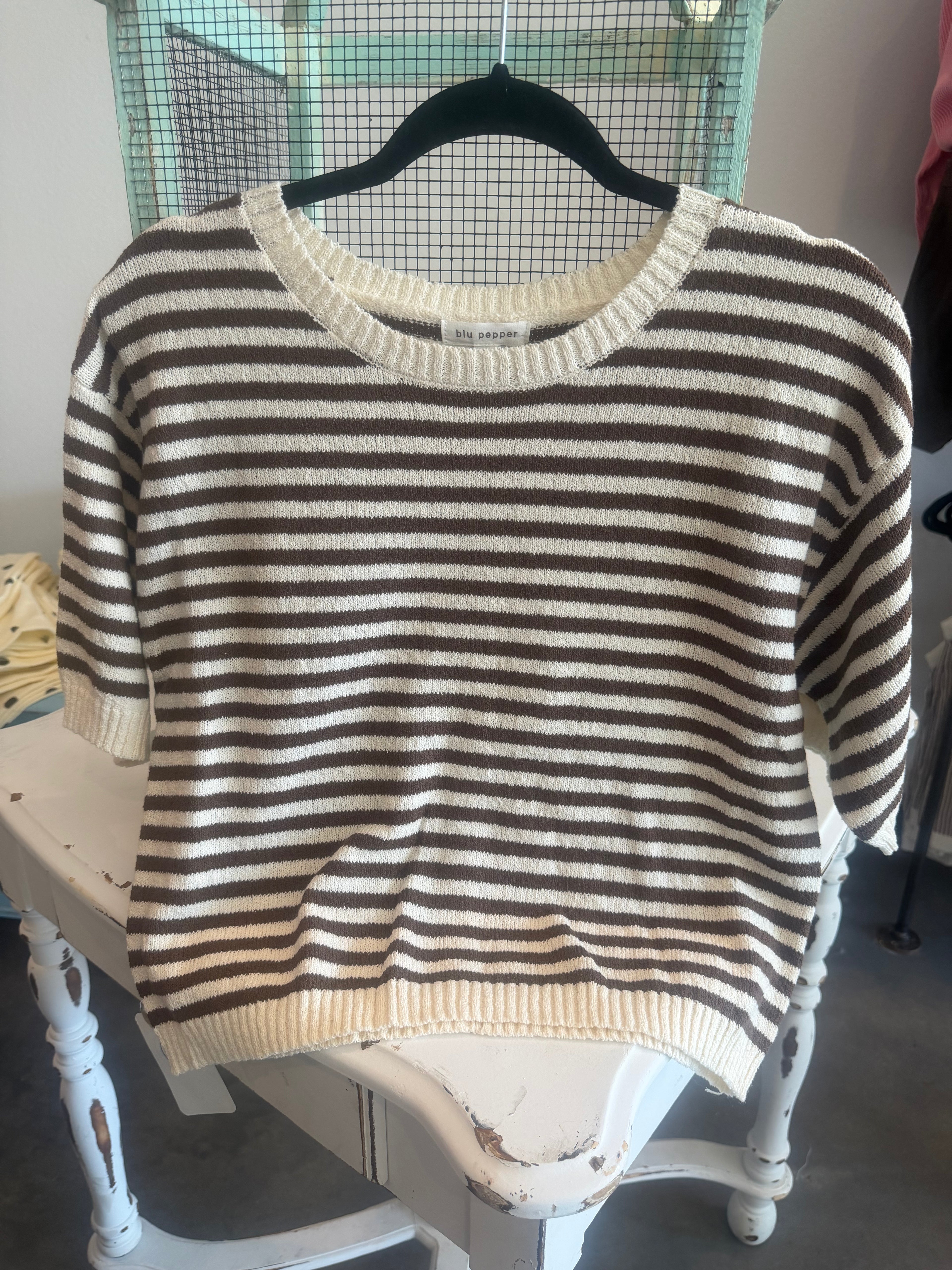 Stripe Contrast Button Back Short Sleeve Knit Sweater