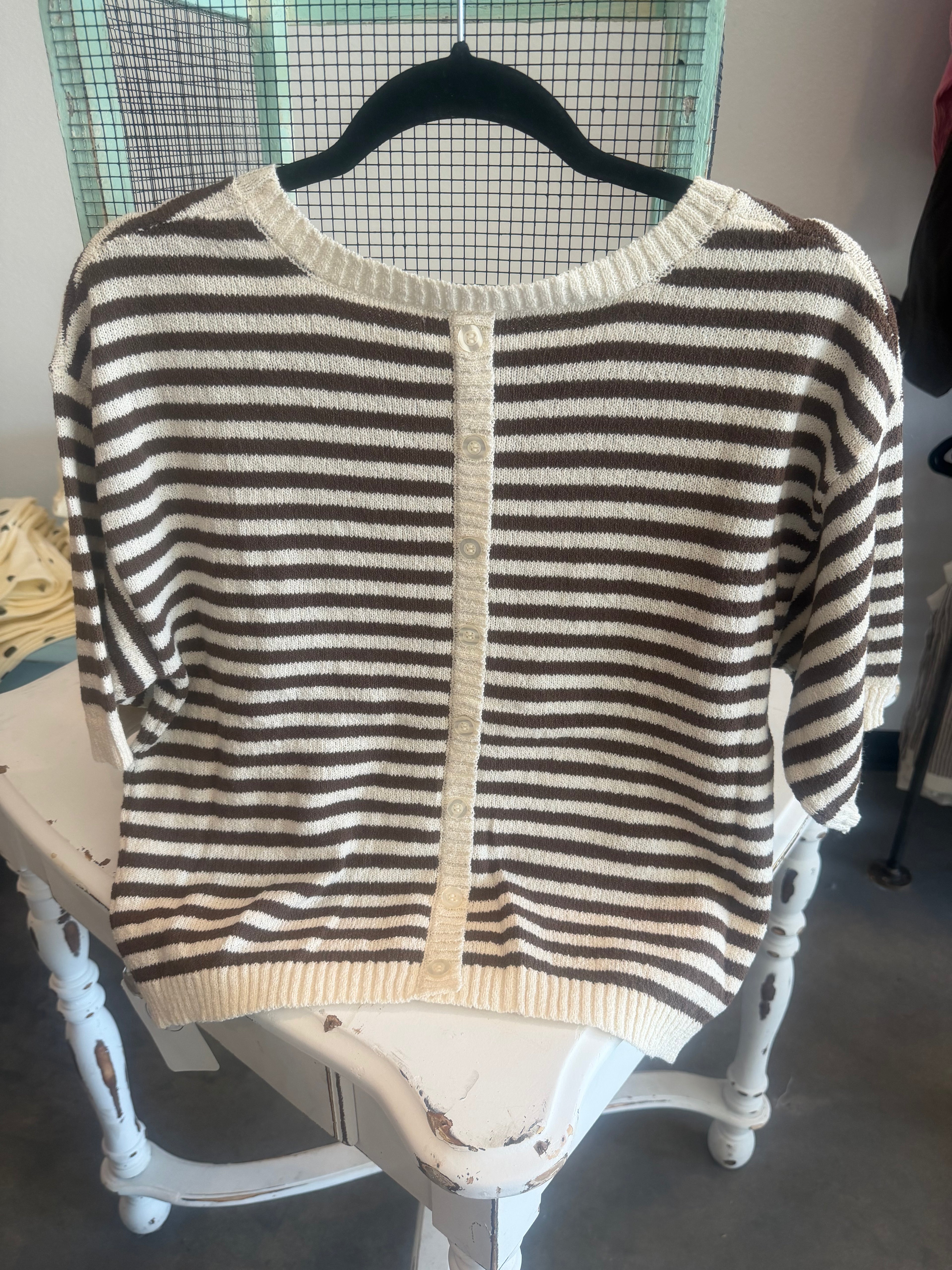 Stripe Contrast Button Back Short Sleeve Knit Sweater