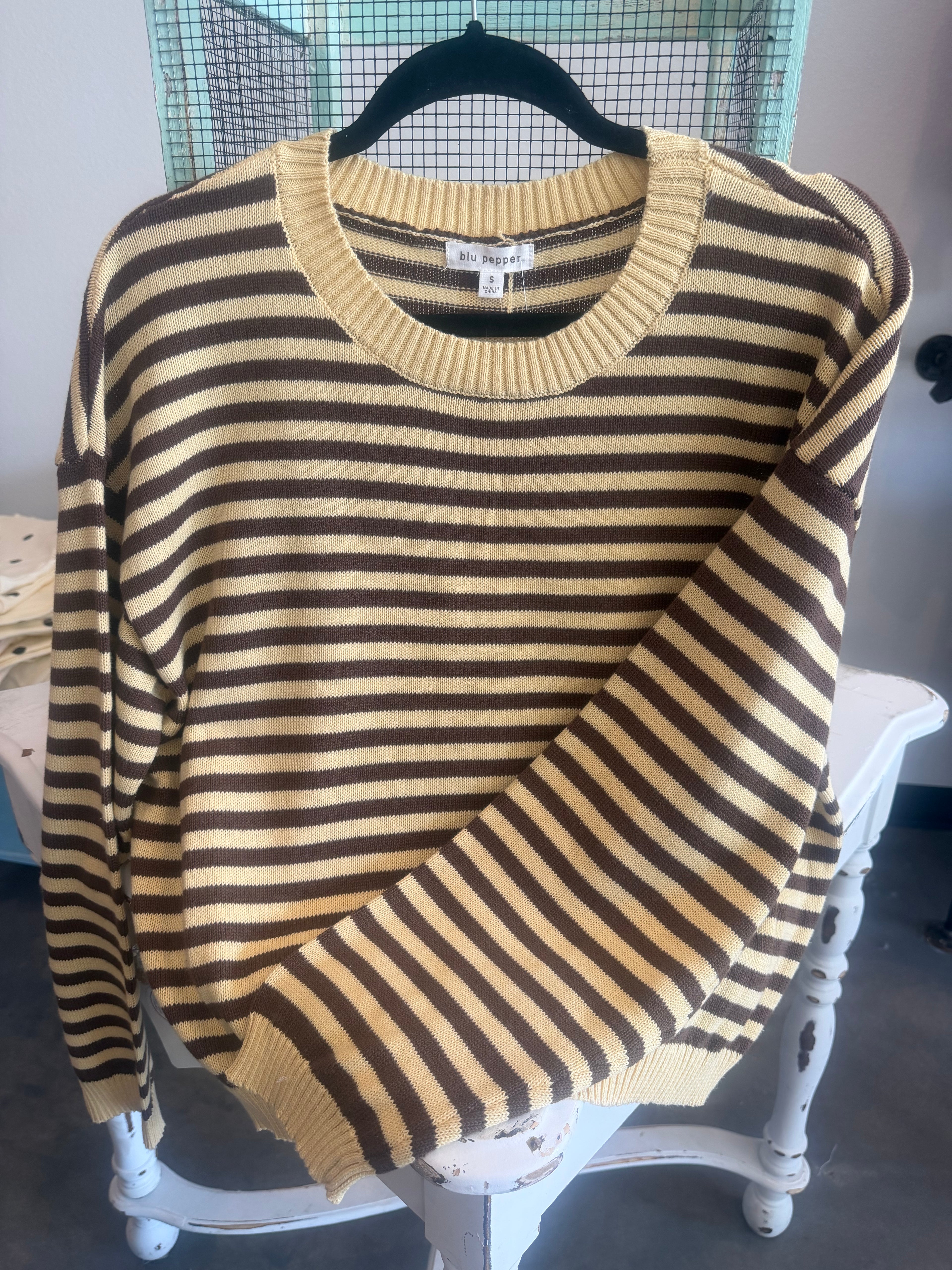 Yellow Stripe Button Back Detail Sweater