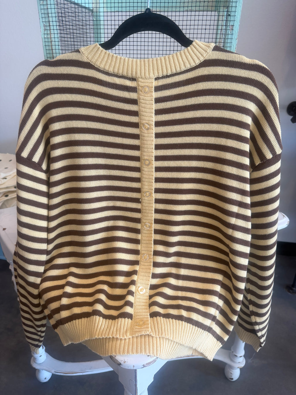 Yellow Stripe Button Back Detail Sweater
