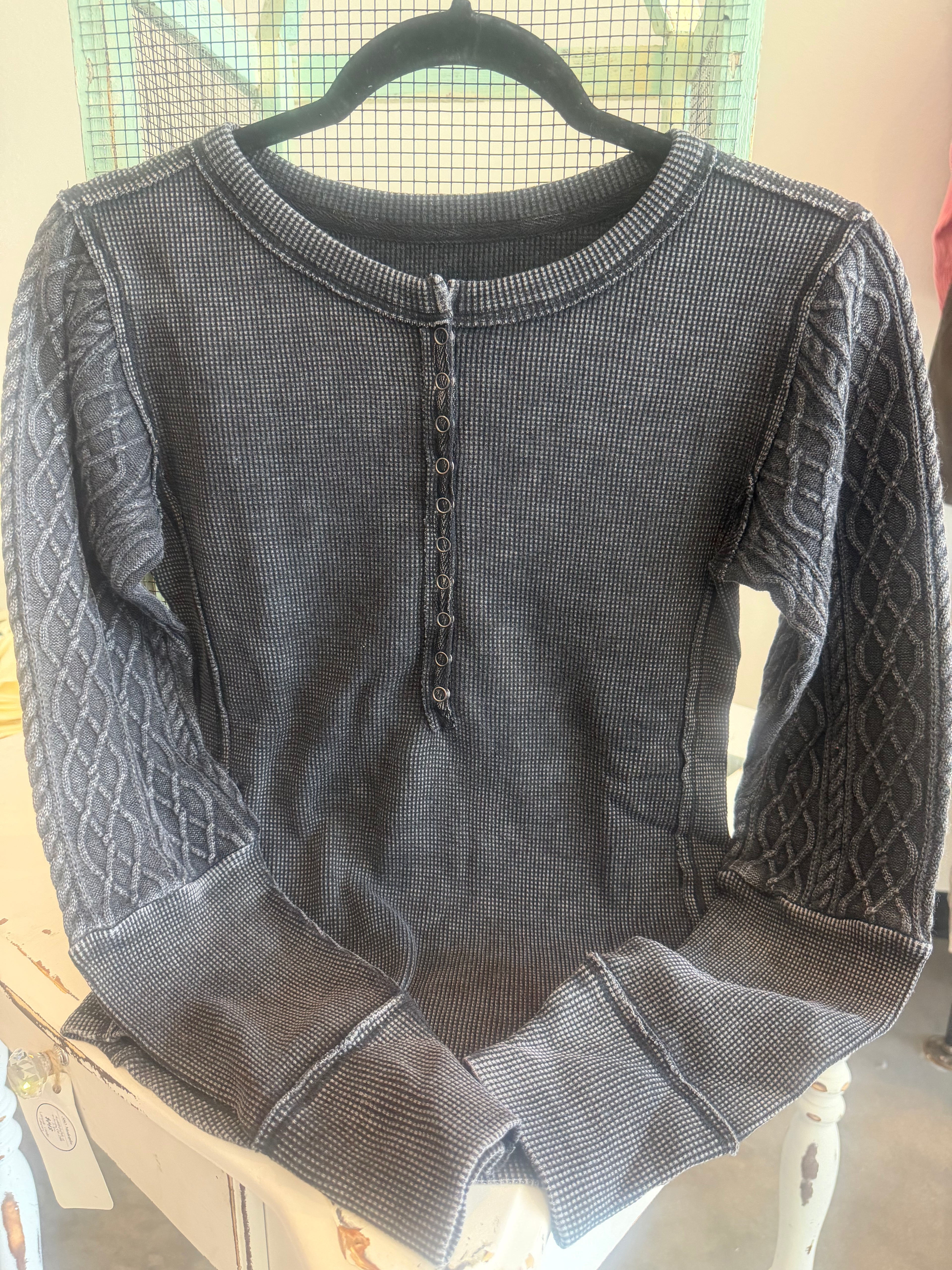 Mixed Media Cable Henley Charcoal