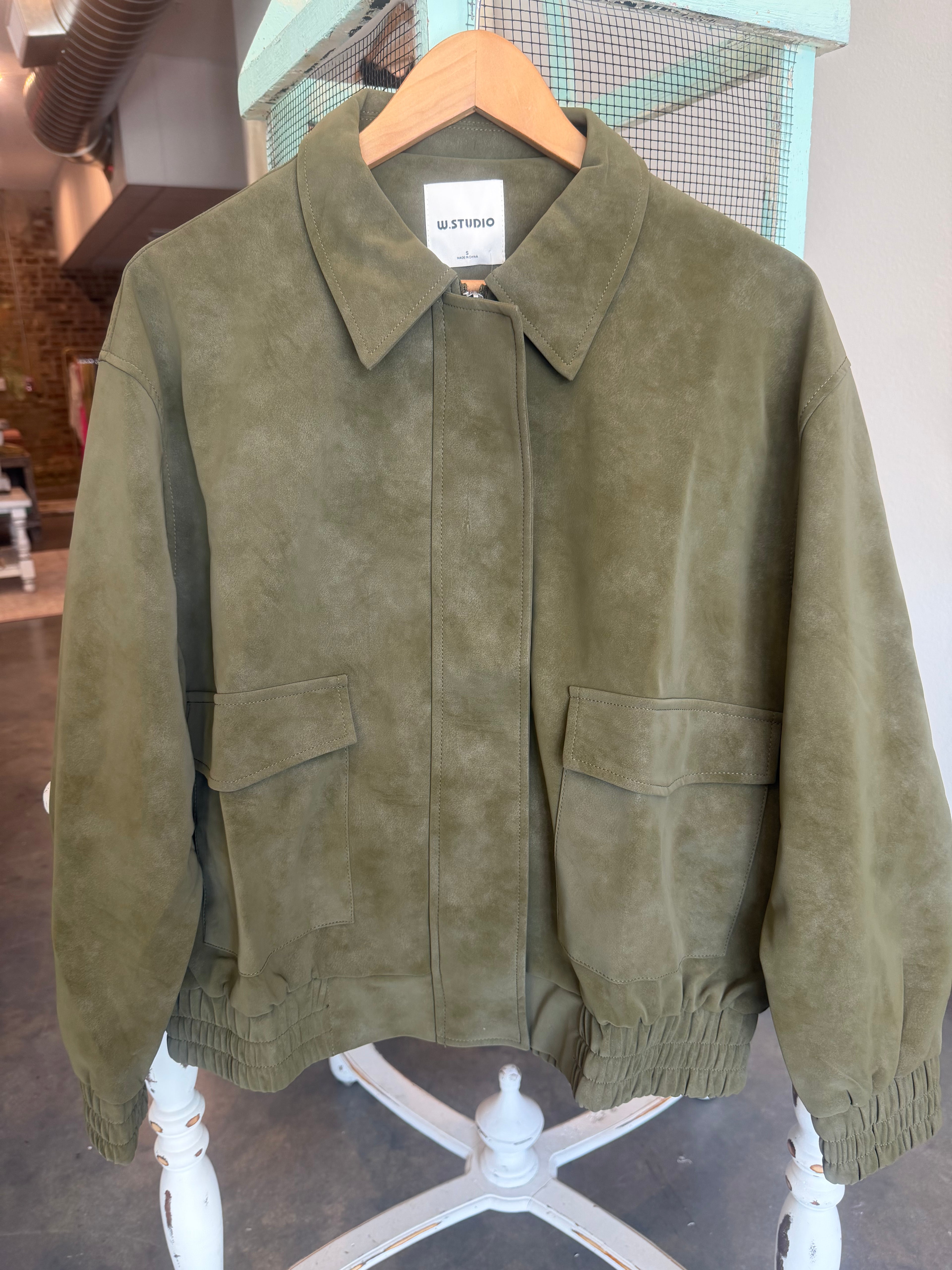 Olive Suede Bomber Jacket