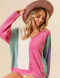 Cozy V Neck Color Block Sweater