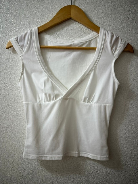 White Cropped V Neck Top
