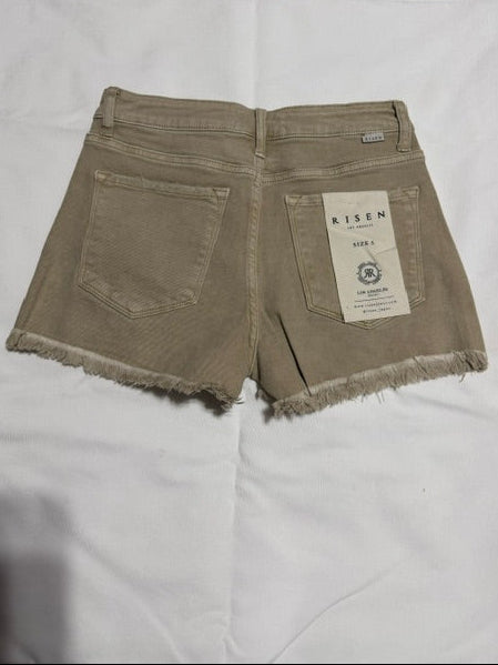 Mid Rise Frayed Hem Shorts Sand